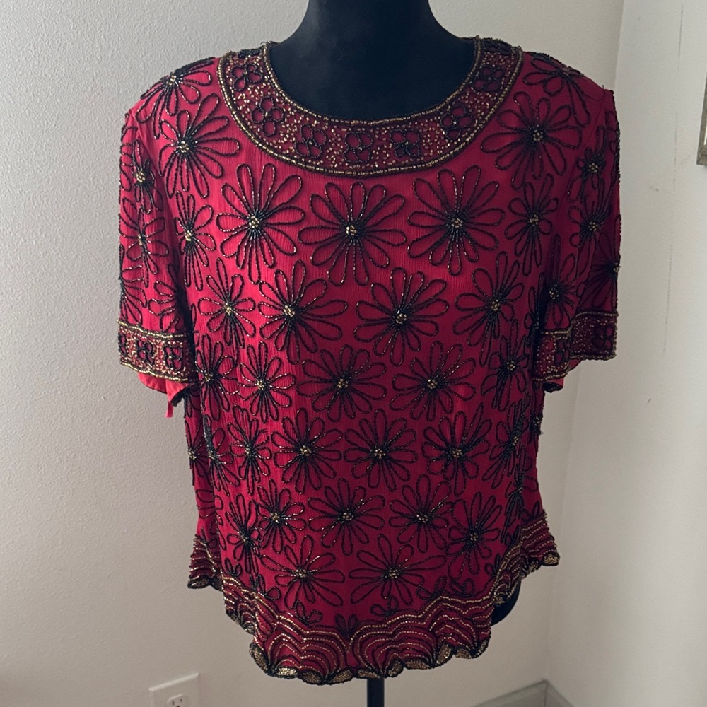 Adrianna Papell Evening Essentials Embellished Red Floral Top blouse Sz‎ 1X